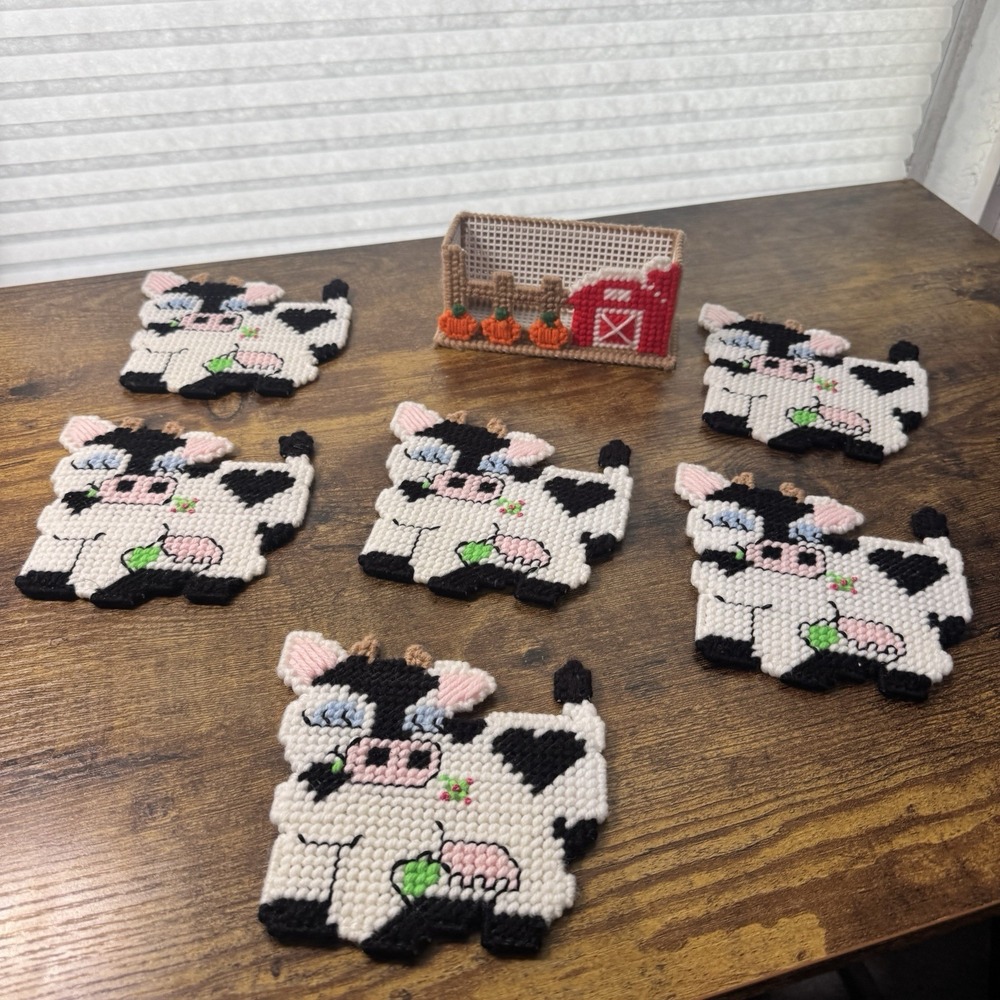 Handmade Cow Needlepoint Coaster Set Set Of 6 w/‎ Barn Holder